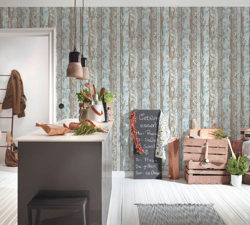 A.S. Création behang verweerde houten planken lichtblauw en beige - 53 cm x 10.05 m - AS-361191