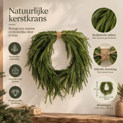 Mica Decorations Krans Dennenappel Groen - Decoratieve Krans met Sierlijke Dennentakken - Kunststof Krans voor Deur, Muur of Schouw - Afmeting