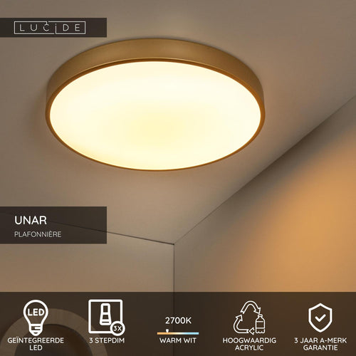 Lucide plafonnière UNAR - Geïntegreerde LED - Mat Goud / Messing