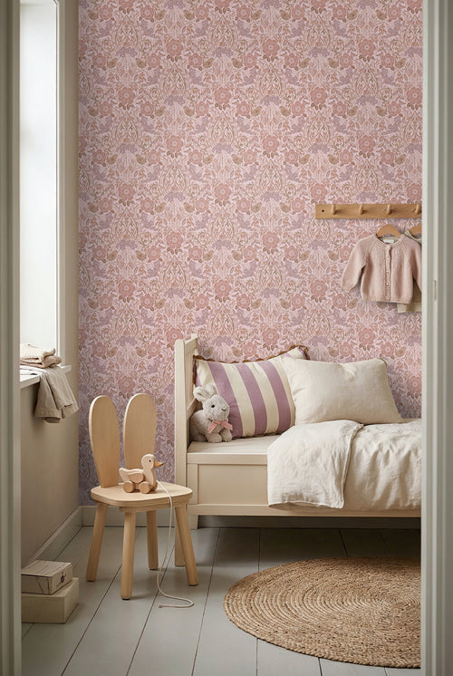 ESTAhome behang bloemen en vogels lila paars en terracotta roze - 53 cm x 10.05 m - 139830