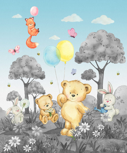 Sanders & Sanders fotobehang bos met bosdieren grijs en blauw - 270 x 225 cm - 601206