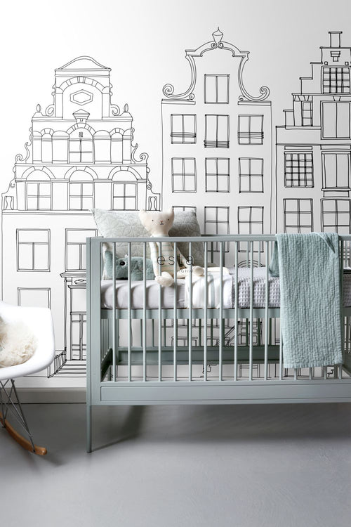 ESTAhome fotobehang getekende Amsterdamse grachtenhuisjes zwart en wit - 150 x 279 cm - 158834 - vtwonen shop