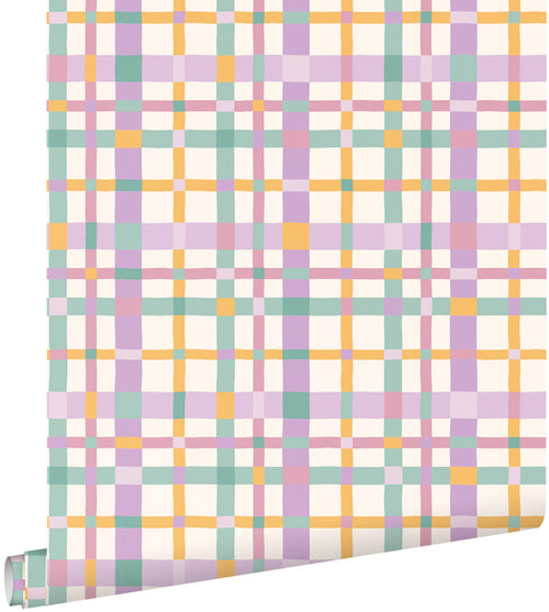 ESTAhome behang ruitjes paars, geel en blauw - 50 x 900 cm - 132047