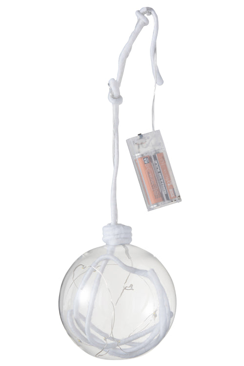 J-Line kerstbal Bal + Touw - glas - wit - large - 4 stuks - LED lichtjes - vtwonen shop