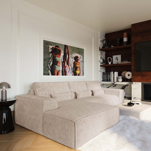 Premium Interiors - Linkshoekbank met snelle uitklapfunctie JUNE - gewaafd fluweel beige 320cm