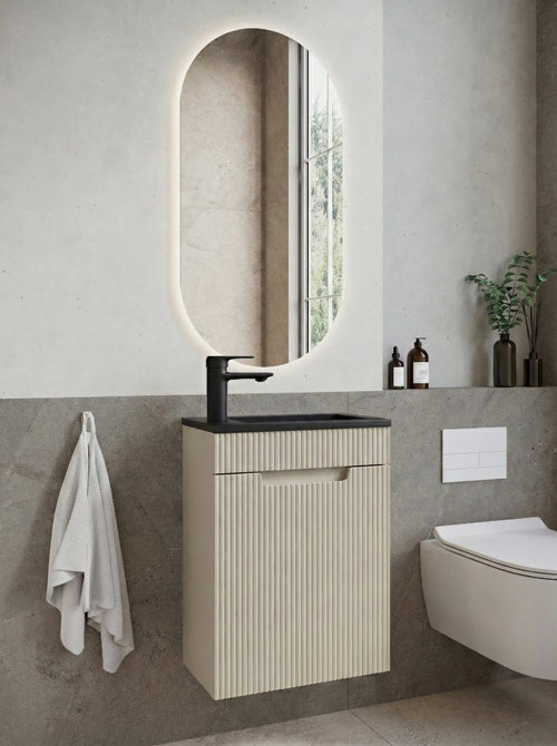 Badplaats Toiletmeubel Thermis 40 x 22 cm – Beige – Fonteinmeubel met Zwarte Wastafel