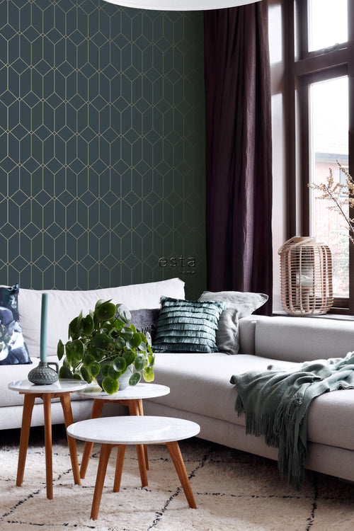 ESTAhome behang art deco motief donkerblauw en goud - 53 cm x 10.05 m - 139225