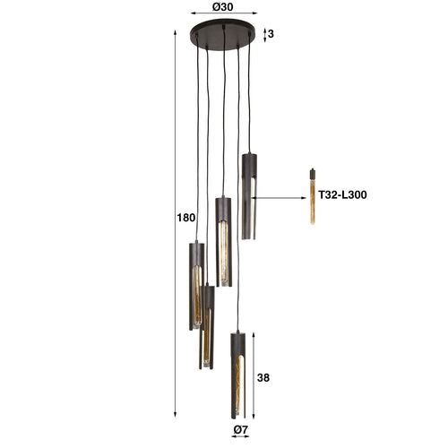Giga Meubel Hanglamp Tube - Zwart Metaal - 5-Lichts - 30x30x180cm