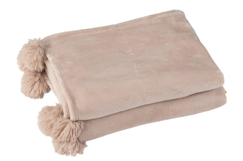 J-Line plaid Pompom - polyester - donkerbeige - 170 x 130 cm