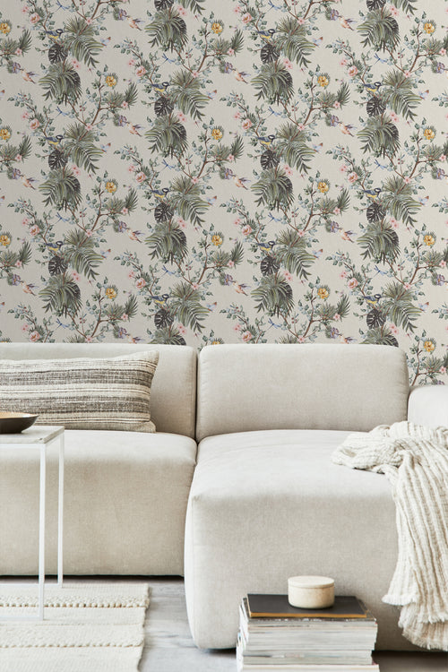 Sanders & Sanders behang tropische jungle bladeren en paradijsvogels vergrijsd groen - 53 cm x 10 m - 640002 - vtwonen shop