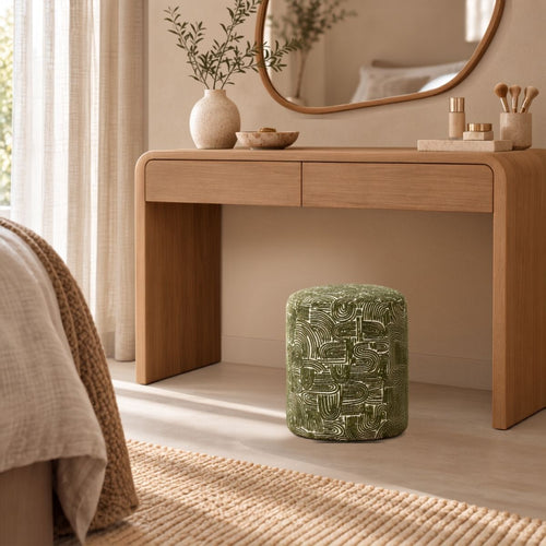 Mica Decorations Groove Kruk Groen FSC 100% - Decoratieve Kruk met Grafisch Patroon en Houten Pootjes - Ronde Kruk als Zitplek, Voetenbankje of