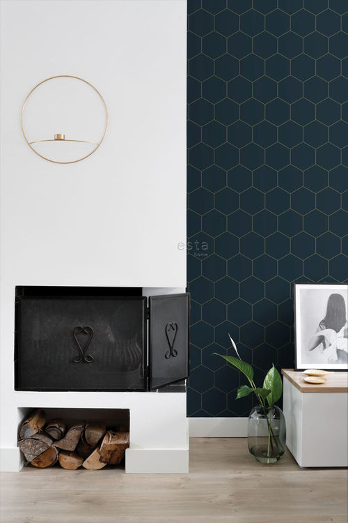 ESTAhome behang hexagon donkerblauw en goud - 53 cm x 10.05 m - 139237