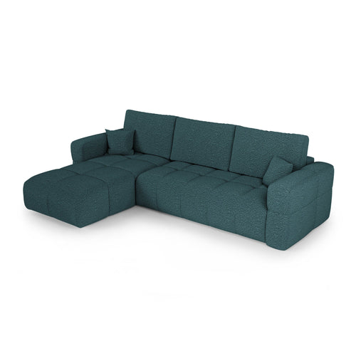 Premium Interiors - Linkshoekbank met slaapfunctie en opbergruimte VIBE - bouclé-stof eendblauw 286cm