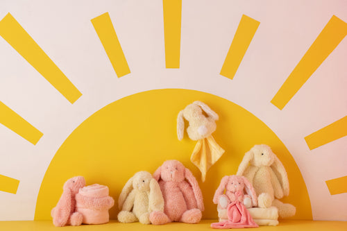 J-Line knuffelbeer Konijn + deken - polyester - roze/geel - set van 2