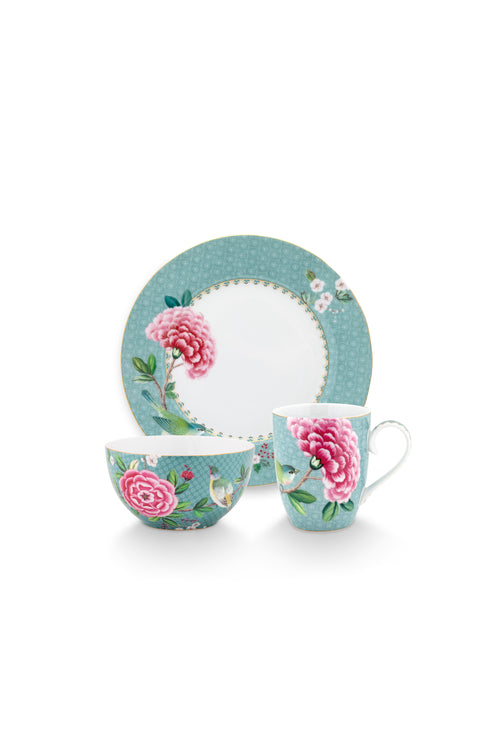 Pip Studio - Blushing Birds ontbijtset - Met ontbijtbord, mok en ontbijtkom - Blauw - Serviesset van 3 - vtwonen shop