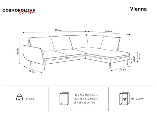 Cosmopolitan Design rechter hoekbank Vienna 6-zits, structurele stof, lichtgrijs - 185x275x95cm