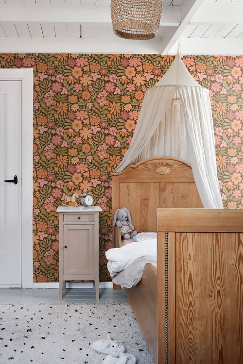 ESTAhome behang bloemetjes bruin, oranje en groen - 50 x 900 cm - 132295