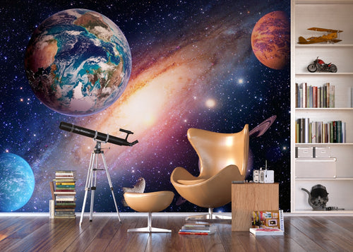 Sanders & Sanders fotobehang planeten in de ruimte blauw, paars en oranje - 375 x 270 cm - 600546