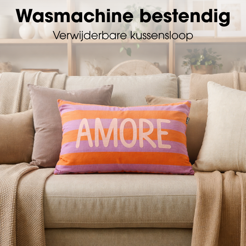 Mica Decorations Amore Sierkussen - Kussen met Kussenhoes - Woondecoratie Woonkamer - 55 x 35 x 10 cm - Katoen, Linnen, Polyester - Oranje, Paars,
