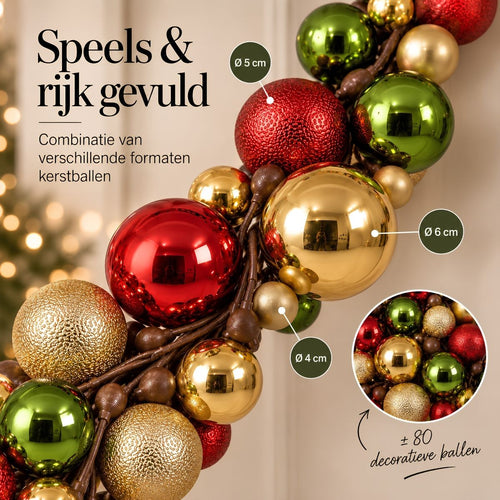 Mica Decorations Kerstslinger Goud Rood Donkergroen - Kerstballenslinger van Gerecycled Polystyreen - Sfeervolle Kerstdecoratie voor Schouw of Trap -