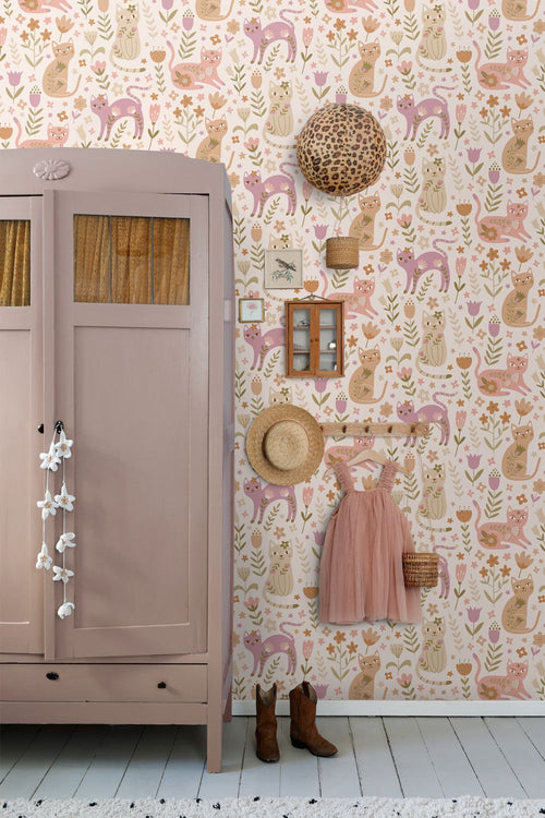 ESTAhome behang katjes paars, roze en beige - 50 x 900 cm - 132179