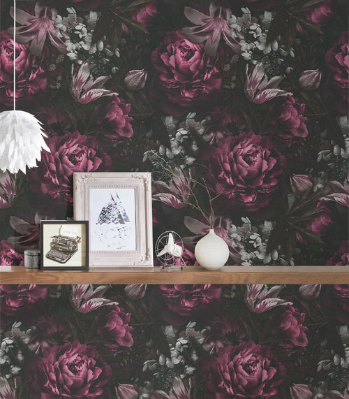 Livingwalls behang bloemmotief lila paars, zwart, grijs en wit - 53 cm x 10.05 m - AS-385094 - vtwonen shop