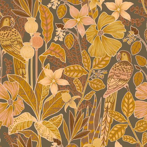 ESTAhome behang tropische bloemen en paradijsvogels terracotta bruin - 50 x 900 cm - 131159