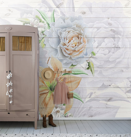 Sanders & Sanders fotobehang bloemen wit, blauw en oranje - 375 x 270 cm - 600501