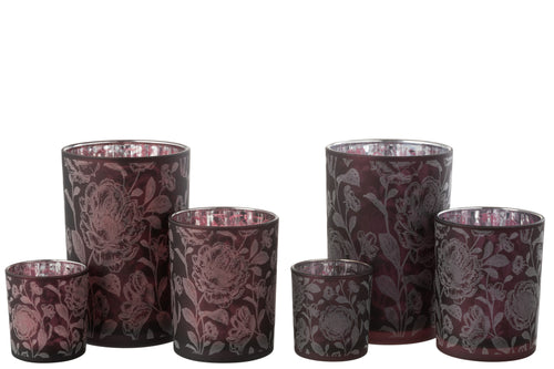 J-Line windlicht Bloemen - glas - paars/zilver - large - 2 stuks