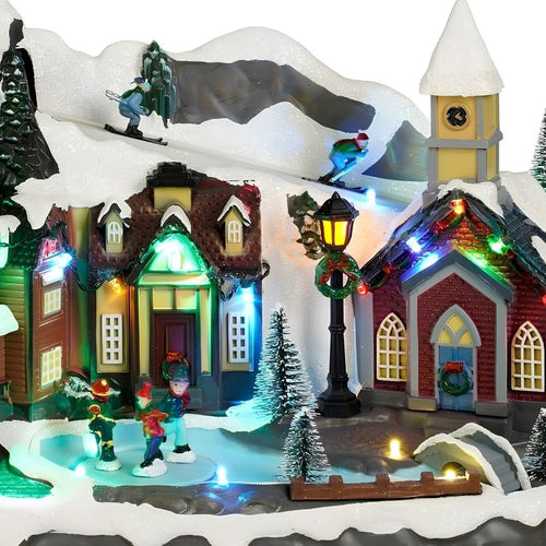 Luville Kerstdorp Miniatuur Dorpsplein - Kerstversiering met Schaatsende Bewoners - Kerst Decoratie met LED-verlichting en Draaiende Figuren - L34 x