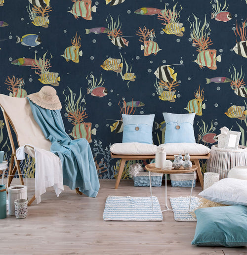 Sanders & Sanders fotobehang vissen blauw en meerkleurig - 371 x 280 cm - 640828