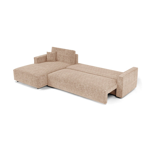 Premium Interiors - Linkshoekbank met slaapfunctie en opbergruimte  - stof met tweed-effect beige 197cm