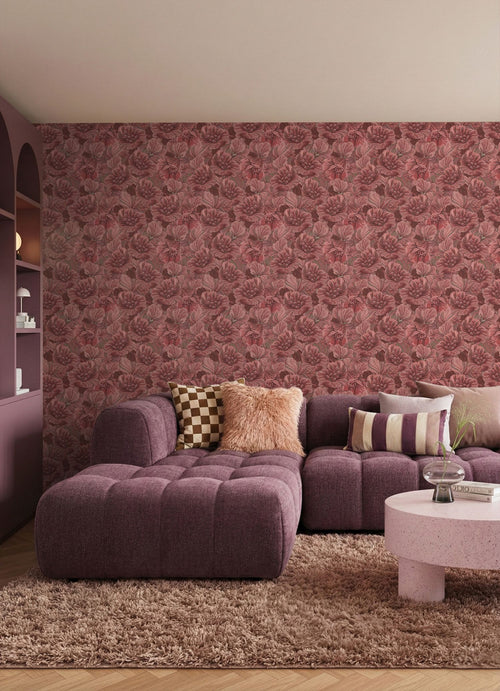 ESTAhome behang geborduurd bloemmotief bordeaux rood - 50 x 900 cm - 131870