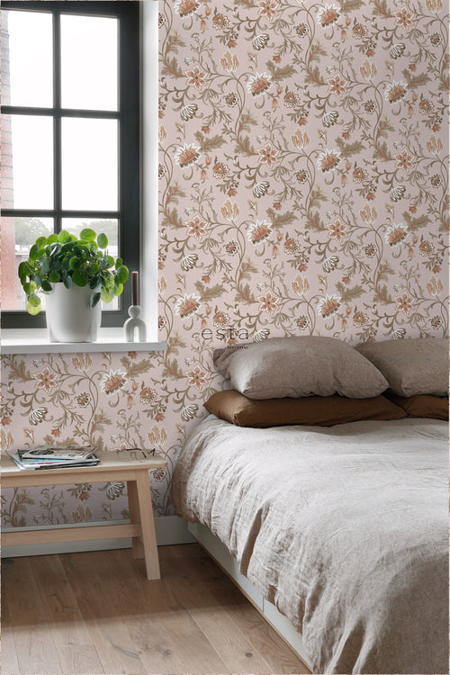 ESTAhome behang vintage bloemen oudroze, terracotta en groen - 53 cm x 10.05 m - 139478