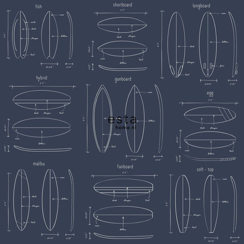 ESTAhome behang technische tekeningen van surfplanken donkerblauw - 0,53 x 10,05 m - 128871 - vtwonen shop