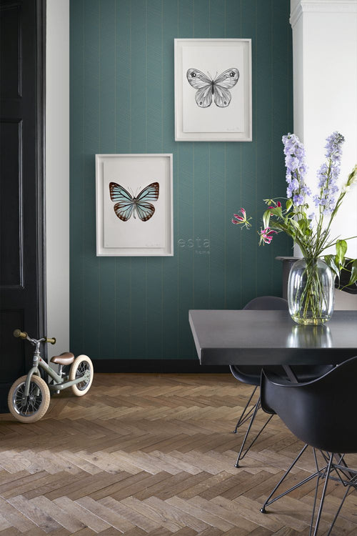 ESTAhome behang visgraat-motief smaragd groen en goud - 53 cm x 10.05 m - 139200