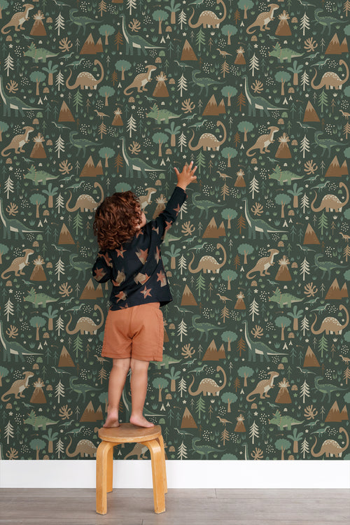 ESTAhome behang dinosaurussen donkergroen en bruin - 53 cm x 10.05 m - 139802