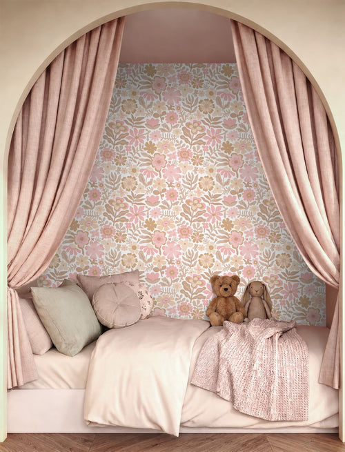ESTAhome behang bloemetjes wit, beige en roze - 50 x 900 cm - 132288