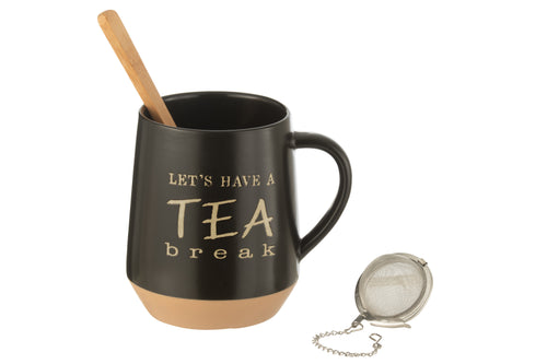 J-Line theemok + lepel + theebal 'Tea break' - keramiek - zwart - giftbox - vtwonen shop