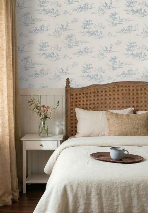 ESTAhome behang toile de jouy print lichtblauw en wit - 50 x 900 cm - 132109