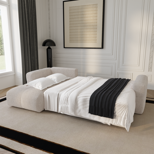 Premium Interiors - Linkshoekbank met slaapfunctie en opbergruimte VIBE - zacht aanvoelende geweven stof crème 286cm