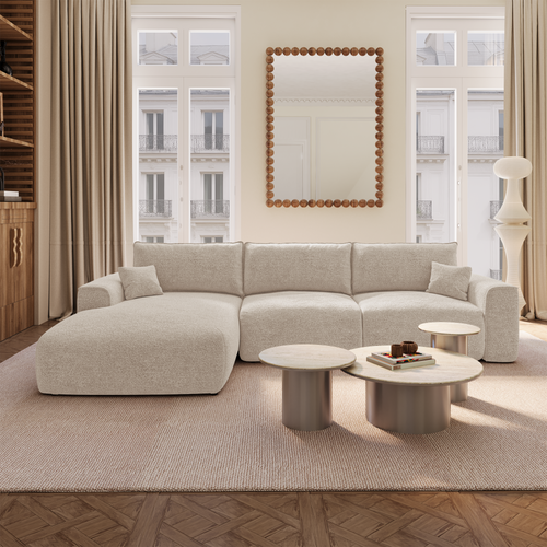 Premium Interiors - Linkerhoekbank met snelle uitklapfunctie COMO - bouclé-stof beige 300cm