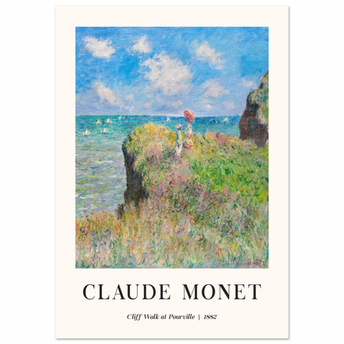 Artfulprints Poster met Lijst Claude Monet - Cliff walk at Pourville   - A4 21x29.7 cm - Blauw