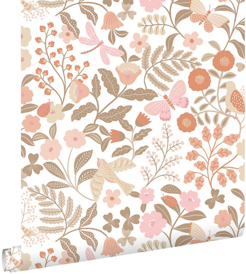 ESTAhome behang bloemen en vogels terracotta, taupe en roze - 53 cm x 10.05 m - 131391