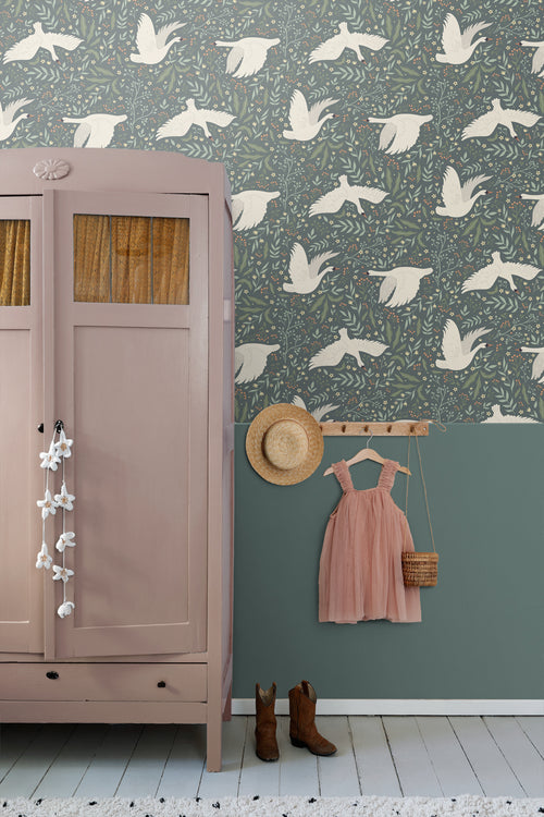 ESTAhome behang zwanen vergrijsd blauw en wit - 53 cm x 10.05 m - 139798