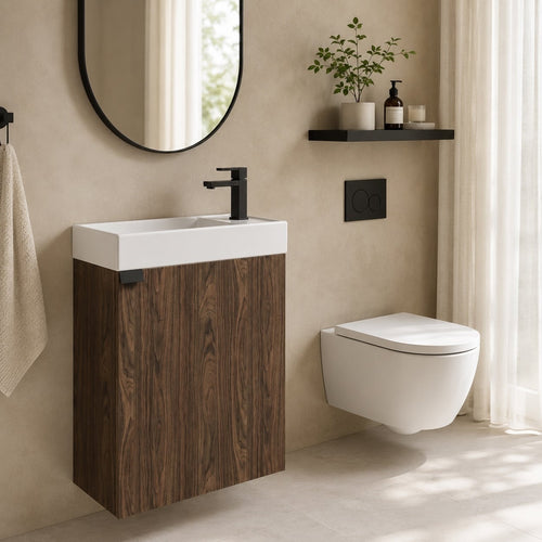 Badplaats Toiletmeubel Keno 50 x 23 cm – Walnoot Bruin – Fonteinmeubel met Wastafel