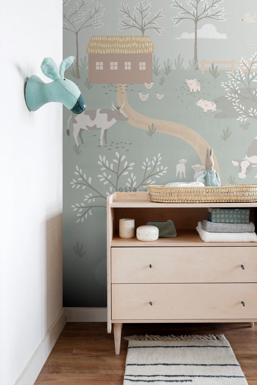 ESTAhome fotobehang boerderij dieren vergrijsd groen - 200 x 279 cm - 159242 - vtwonen shop