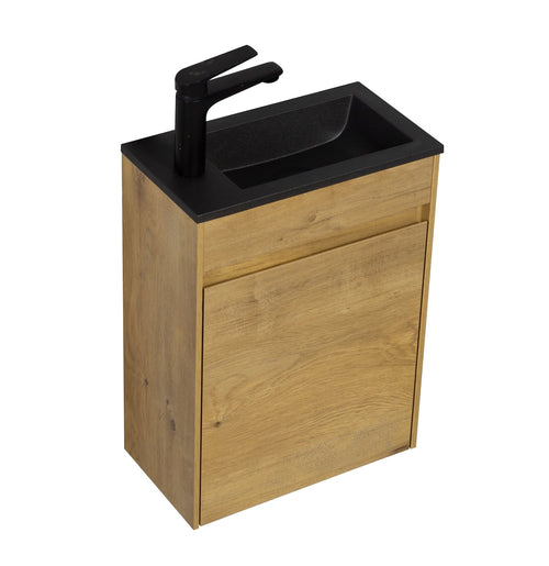 Badplaats Toiletmeubel Sinta 40 x 22 cm – Eiken – Fonteinmeubel met Zwarte Wastafel