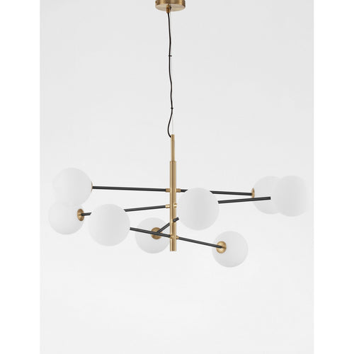 Merano Cranbrook 8-lichts multi-arm hanglamp satijn goud, zwart metaal wit opaal glas LED G9 220 Volt