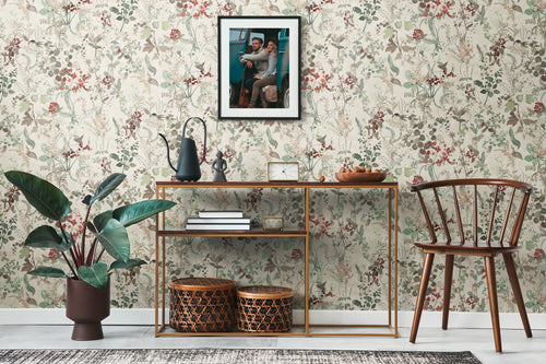 A.S. Création behang bloemen wit, groen, rood en beige - 53 cm x 10.05 m - AS-388252